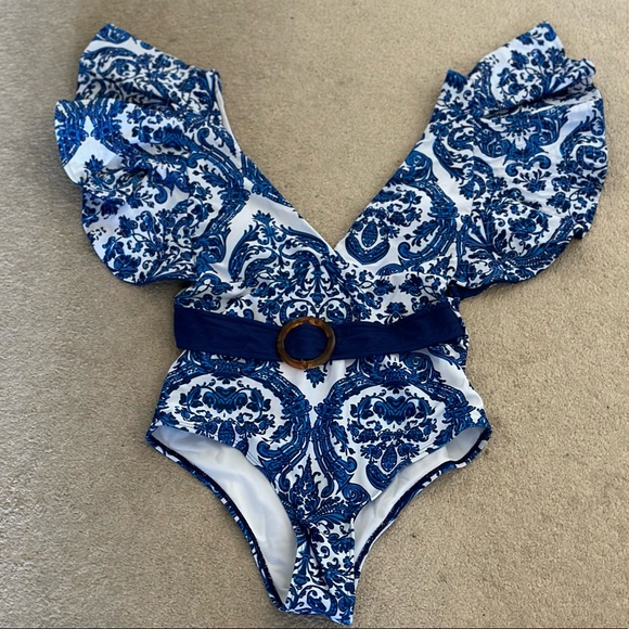 Dolce & Gabanna Inspired Blue & White Ruffle Belted Swimsuit - Picture 4 of 7